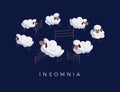 Cartoon sheep jumping over fence on night background. Insomnia, sleep disorder, sleeplessness, dream, trying to sleep Royalty Free Stock Photo