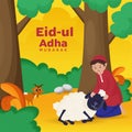 Cartoon Sheep Lying On Male Lap With Goat Against Beautiful Forest Background For Eid-Ul-Adha Royalty Free Stock Photo