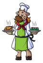 a cartoon sheep working as a chef, carrying two plates of food