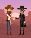 Cartoon sheriff and bandit character shaking hands Royalty Free Stock Photo