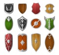 Cartoon shields. Wooden and metal armor, medieval military guard knight shield vector illustration set