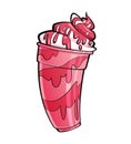 Cartoon shiny strawberry or cherry milkshake with syrup and cream