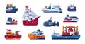 Cartoon ship. Passenger and cargo sea transport. Funny steamboat sails on water. Fishing trawler or submarine. Sailing