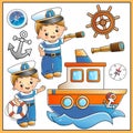 Cartoon ship or steamer. Seaman or sailor with lifebuoy, spyglass, anchor and helm. Images of sea transport for children.