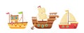 Cartoon Ships In Cute Childish Style. Brigantine, Longboat And Sailboat Or Yacht. Funny Water Transportation Modes