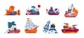 Cartoon ships. Fairy tale boats. Marine vessels. Isolated cruise yacht and warship. Fantastic sea transport collection