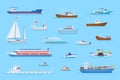 Cartoon ships harbor. Marine carrier boats on river ferry port dock side view, ocean tanker cargo container nave yacht