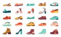 Cartoon shoes. Flat autumn footwear, running shoes and summer sandals, male and female sneakers and boots. Vector