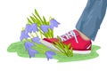 Cartoon shoes ruthlessly tramples living flowers isolated on white background.