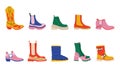 Cartoon shoes. Simple trendy male and female colourful boots, contemporary graphic template of footwear. Vector isolated