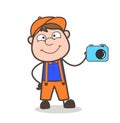 Cartoon Shopkeeper Showing Camera Vector