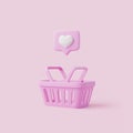 Cartoon shopping basket with heart sign on notification speech bubble on pink background Royalty Free Stock Photo