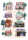 Cartoon shops and municipal buildings flat set