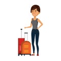 Cartoon short hair woman with pair travel briefcases