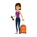 Cartoon short hair woman with travel briefcase and glasses