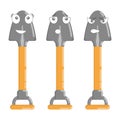 Cartoon shovels with different emotions - joy, surprise, anger. Three isolated objects. Vector illustration on a white