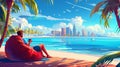 The cartoon shows a man resting on a wooden terrace on the seashore. The cartoon shows tropical palm trees, the city Royalty Free Stock Photo