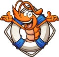 Happy cartoon shrimp coming out of lifesaver Royalty Free Stock Photo