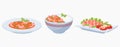 Cartoon shrimps dishes. Asian cuisine, Japanese and Korean traditional food, seafood plates flat vector illustration on white