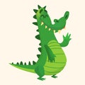 Cartoon shy crocodile smiling and waving. Vector character for sticker design or decoration