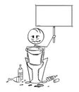 Cartoon of Sick or Drunk Man Sitting on Toilet With Bucket and Empty Sign in Hands Royalty Free Stock Photo