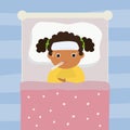 Cartoon sick girl with high fever. African american child is sick with flu or coronavirus. Kid with thermometer in his mouth. Girl Royalty Free Stock Photo