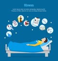 Cartoon Sick Man in Bed and Element Set Card Poster . Vector