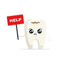 Cartoon sick tooth asks for help isolated on white background.