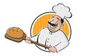 Funny cartoon sign of a baker holding a delicious bread