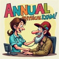 Cartoon sign text annual physical fitness medical body exam health clinic happy people checkup