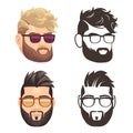 Cartoon and silhouette bearded hipster man set