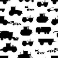 Cartoon Silhouette Black Agricultural Vehicles Seamless Pattern Background. Vector