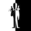 Cartoon Silhouette Black Character Man with Angel and Devil on Shoulders. Vector