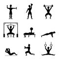 Cartoon Silhouette Black Characters Muscular Man Icon Set. Vector