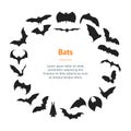 Cartoon Silhouette Black Different Bats Banner Card Circle . Vector