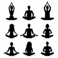 Cartoon Silhouette Black Meditation People Signs Icon Set. Vector