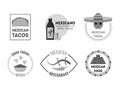 Cartoon Silhouette Black Mexican Food Badges or Labels Set. Vector