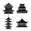 Cartoon Silhouette Black Traditional Asian House Objects Set. Vector