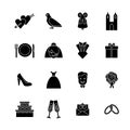 Cartoon Silhouette Black Wedding Symbols Icons Set. Vector