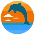 Cartoon Silhouette of dolphin jumping out of water in the ocean at sunset. summer concept. Vector illustration