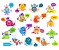 Cartoon silly monsters with funny inscriptions vector illustration