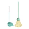Cartoon simple gradient cleaning set objects. Green broom and plastic dustpan with big handle. Cleaning service vector icon