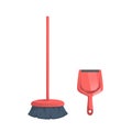 Cartoon simple gradient cleaning set objects. Modern red broom and plastic dustpan. Cleaning service vector icon illustration.