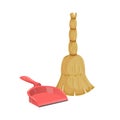 Cartoon simple gradient cleaning set objects. Natural broom and plastic dustpan. Cleaning service vector icon