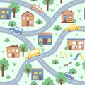 Cute doodle illustration simple city with houses and cars seamless pattern