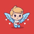 Cartoon simple vector cupid. Flat design on red background for Valentines Day