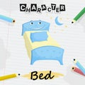 Cartoon single bed with linens smiling, flat