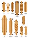 Cartoon skate board deck types, sizes and forms. Slide longboard, surf skateboard, penny, cruiser and classic