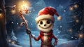 A cartoon skeleton holding a candy cane in the snow, AI