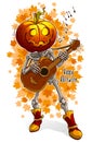 Cartoon skeleton with pumpkin head and guitar